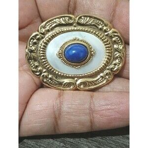 Mother Of Pearl Blue Cabachon Victorian Style Gold Tone Vintage Brooch